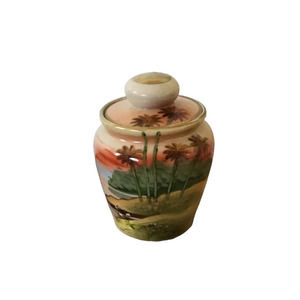Vintage Noritake Hand Painted Palm Trees  Jar With Lid Humidor 5 1/2" Tall